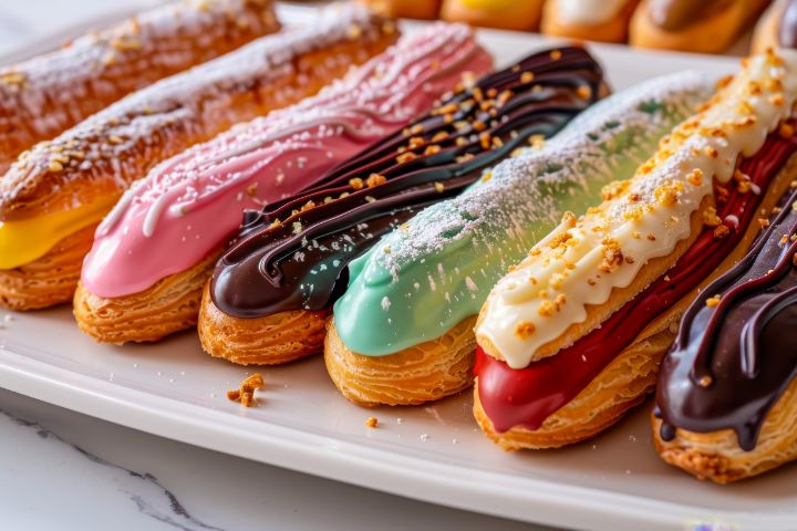 Row of lined up colourful eclairs